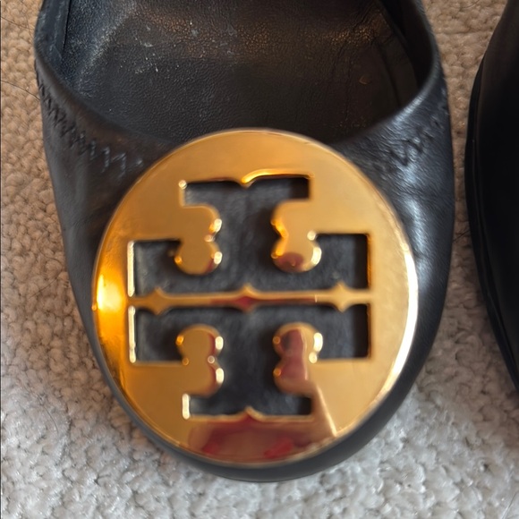 Tory Burch Maddie Black Calf Leather and Gold Logo Women's Stacked Heel - Picture 3 of 4